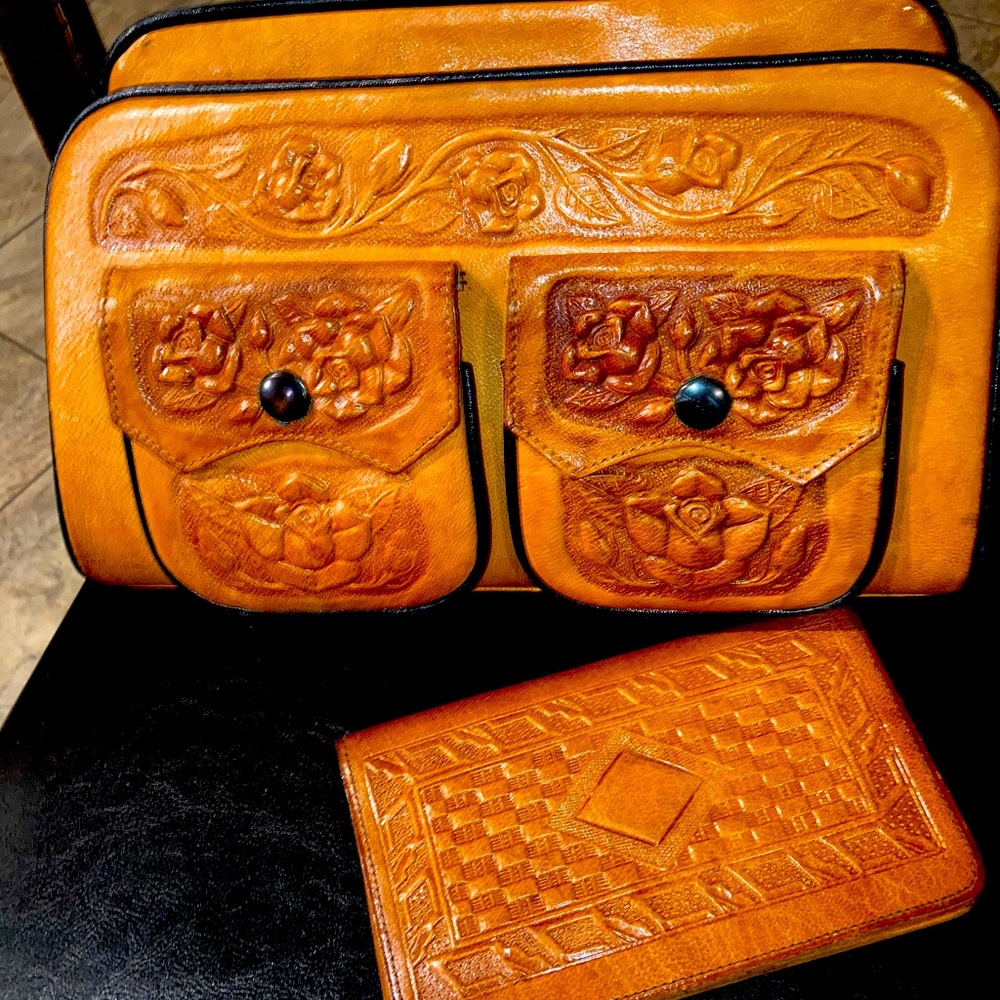 Vintage hand tooled leather purse and wallet